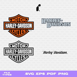 May include: Image showing four Harley-Davidson logos. Two logos are shield-shaped, with the words "MOTOR HARLEY-DAVIDSON CYCLES". The other two logos display the Harley-Davidson name. File types: SVG, EPS, PDF, PNG.