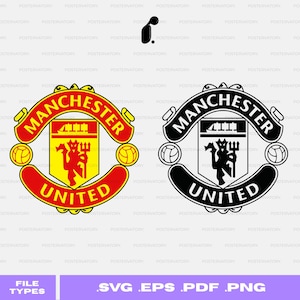 May include: Two Manchester United logos are shown, one in colour and the other in black and white. The logos feature a shield with a devil, the words "Manchester United," and footballs. The file types are listed as SVG, EPS, PDF, and PNG.