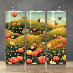 May include: Three stainless steel tumblers with a colorful floral design. The design features a vibrant landscape with rolling hills, tulips, windmills, and a butterfly. The tumblers have a silver straw and a white lid.