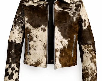 Chaqueta vaquera de piel de vaca natural con pelo para mujer / Prendas de abrigo vaqueras