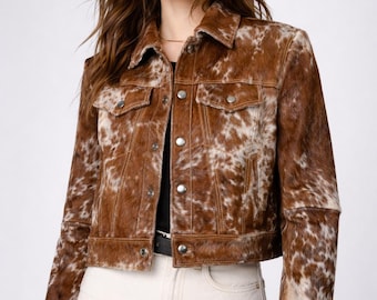 Chaqueta de piel de vaca auténtica con pelo, abrigo estilo western con estampado de vaca, disponible en tallas personalizadas.