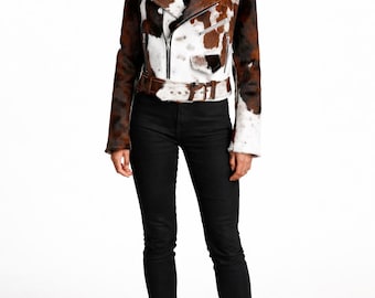 Chaqueta de piel de vaca natural con pelo para mujer, abrigo estilo western.