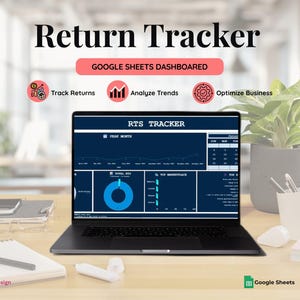 May include: A laptop displaying a Return Tracker dashboard, with the text "Return Tracker" at the top. The screen shows data analysis charts and graphs. Additional text includes "Track Returns," "Analyze Trends," and "Optimize Business."