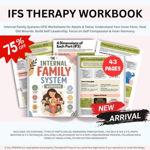Pode incluir: Um caderno de exercícios de terapia IFS com uma ilustração central de uma pessoa abraçando várias figuras menores. A capa inclui o texto The Internal Family System Workbook, cercado por ícones e rótulos como Get to Know Your Parts.