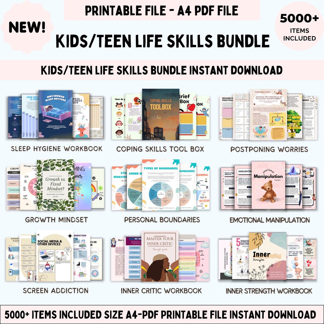 Kids Teen Life Skills Worksheet Bundle, Therapy Worksheets, Calming ...