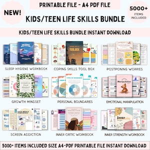 Può includere: Un pacchetto di file PDF stampabili per bambini e adolescenti, con quaderni di lavoro su igiene del sonno, capacità di coping e manipolazione emotiva. L'immagine mostra il testo "NUOVO!" e "5000+ ARTICOLI INCLUSI".