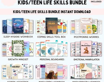 Kids Teen Life Skills Worksheet Bundle, Therapy worksheets, calming corner, coping skills, DBT worries, life skills,Life Skills for Kids