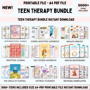 Teen therapy mega worksheet bundle, therapy workbook, therapist journal anxiety, psychology kids mental health, teenagers coping skills, GAD