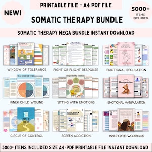 Könnte beinhalten: Ein digitales Download-Bundle mit Ressourcen zur somatischen Therapie. Das Bild zeigt verschiedene druckbare Leitfäden und Arbeitsbücher, darunter Themen wie Emotionsregulation, innere Kind-Arbeit und Umgang mit Bildschirm-Sucht. Das Bundle enthält über 5000 Artikel.
