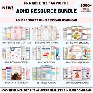 ADHD Resource Bundle . therapy worksheets, emotional regulation, understanding your brain, reacting vs responding, self-care