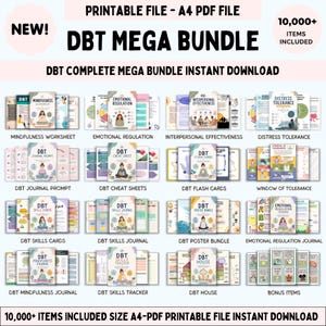 Könnte beinhalten: Ein digitales DBT-Paket mit druckbaren A4-PDF-Dateien. Die Sammlung enthält Arbeitsblätter, Journale, Spickzettel, Lernkarten und Poster zu Themen wie Achtsamkeit, Emotionsregulation, zwischenmenschliche Effektivität und Stresstoleranz.