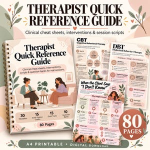 May include: A spiral-bound Therapist Quick Reference Guide featuring clinical cheat sheets, interventions, and session scripts. The cover displays an illustration of two people in a therapy session, with text detailing 80 pages of content.