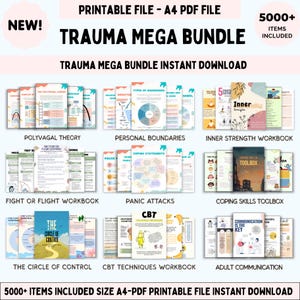 Könnte beinhalten: Ein digitales Download-Bundle mit dem Titel "Trauma Mega Bundle" mit Arbeitsbüchern zu Themen wie Polyvagal-Theorie, persönliche Grenzen und innere Stärke. Das Bild enthält den Text "5000+ ARTIKEL ENTHALTEN" und "DRUCKBARE DATEI - A4 PDF DATEI".