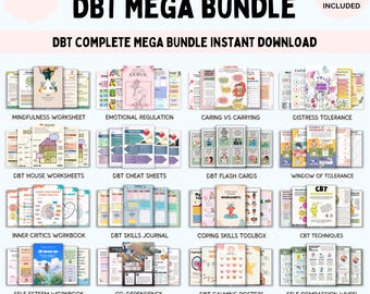 DBT mega bundle. Dialectical Behavior Therapy. Distress Tolerance Skills. Mindfulness skills. Therapist Resources. Client tools. Workbooks