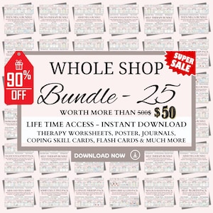 Pack méga boutique, anxiété, dépression, traumatisme, ESPT, TCC, famille, couples, estime de soi, SFBT, fiches de travail thérapeutiques, trouble de la personnalité limite, enfants