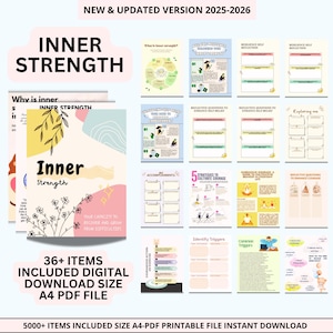 May include: A digital download of printable A4 PDF worksheets and guides, focusing on inner strength and resilience. The design includes the title "Inner Strength" with floral and abstract elements. The file contains over 36 items.