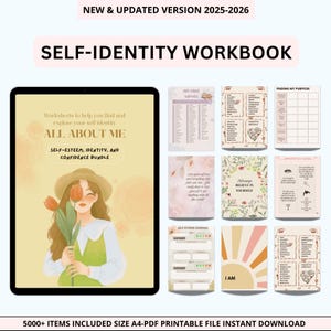 May include: A digital self-identity workbook bundle with the text "SELF-IDENTITY WORKBOOK" and "ALL ABOUT ME". The bundle includes worksheets for self-esteem, identity, and confidence. The image also includes the text "NEW & UPDATED VERSION 2025-2026".