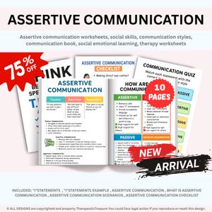Könnte beinhalten: Eine Sammlung von Arbeitsblättern, Checklisten und Quiz zur assertiven Kommunikation. Die Materialien behandeln soziale Fähigkeiten, Kommunikationsstile und emotionales Lernen. Das Bild enthält den Text "10 Seiten" und "New Arrival".