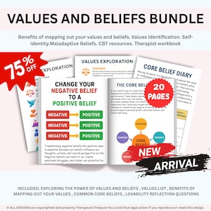 Könnte beinhalten: Ein Bündel von Arbeitsbüchern mit dem Titel "VALUES AND BELIEFS BUNDLE" und dem Text "75% OFF". Die Arbeitsbücher behandeln Themen wie Werteidentifikation und Kernüberzeugungen. Das Cover eines Arbeitsbuchs lautet "Ändern Sie Ihren negativen Glauben in einen positiven Glauben."