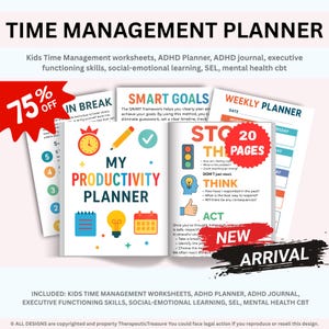 以下が含まれることがあります： 「TIME MANAGEMENT PLANNER」の文字が上部にある、カラフルなタイムマネジメントプランナー。プランナーには、ワークシート、ウィークリープランナー、「MY PRODUCTIVITY PLANNER」セクションが含まれています。画像には「NEW ARRIVAL」の文字も含まれています。