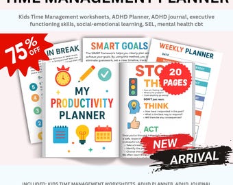 Kids Time Management worksheets, ADHD Planner, ADHD journal, executive functioning skills, social-emotional learning, SEL, mental health cbt
