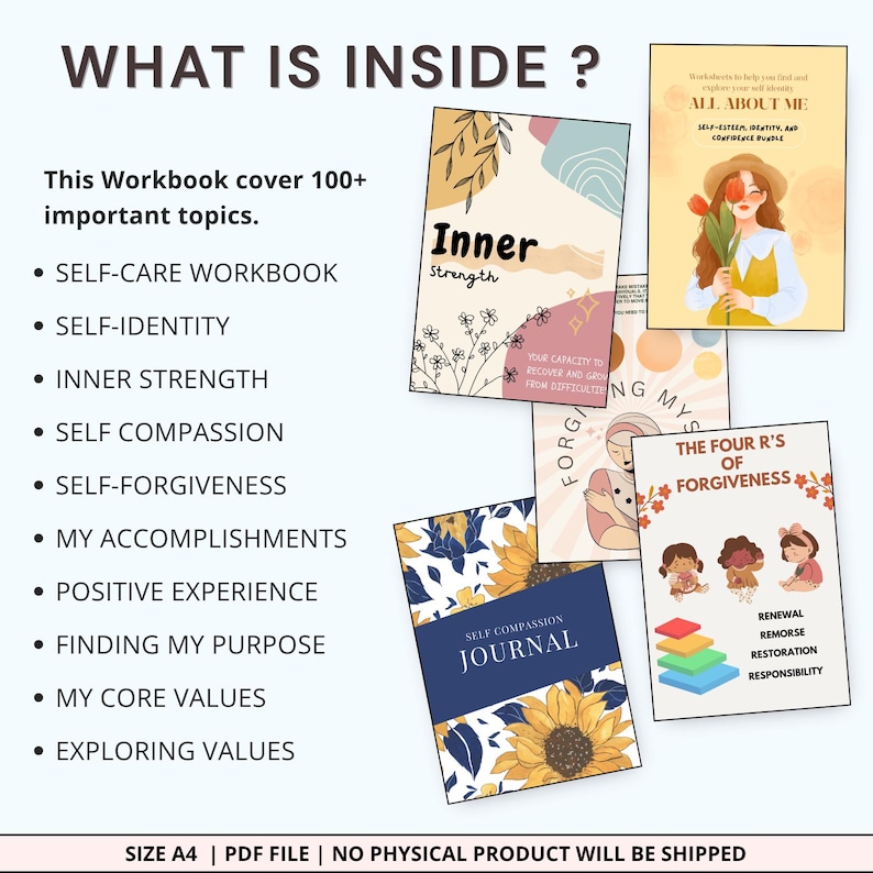 May include: A selection of digital workbooks with titles such as "Inner Strength," "All About Me," and "Self Compassion Journal." The workbooks cover topics including self-care, identity, and forgiveness. The image includes the text "What is Inside?" and a list of topics.
