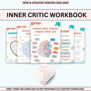 May include: A set of printable workbooks titled "Inner Critic Workbook" with the text "Change Your Mindset, Change Your Life." The workbooks use a pastel colour scheme and include graphics and text. A sticker with the text "Therape Treas" is also visible.