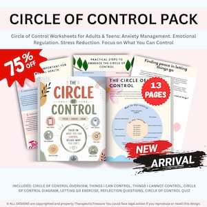 Könnte beinhalten: Ein 13-seitiges Circle of Control Arbeitsblatt-Paket zur Angstbewältigung und emotionalen Regulierung. Die Seiten enthalten Diagramme, Reflexionsfragen und Übungen mit Texten wie The Circle of Control, Focus, Choose, Grow und New Arrival.