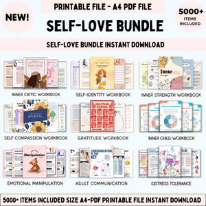 Könnte beinhalten: Ein digitales Self-Love-Bundle mit Arbeitsbüchern zu Themen wie innerer Kritiker, Selbstidentität und Dankbarkeit. Das Bundle enthält über 5000 Artikel und ist als Sofort-Download im A4-PDF-Format erhältlich. Das Bild zeigt farbenfrohe Cover.