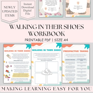 Walking in their shoes perspective taking, and empathy-provoking worksheets. Kids group therapy sessions, psychologist handouts, infographic