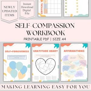 Self-compassion journal, self-care workbook, positive affirmations, therapy journal, therapy worksheets, mental health planner, coping skill