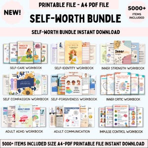 May include: A collection of printable workbooks and journals focused on self-improvement. Titles include "Self-Care Workbook," "Self-Identity Workbook," and "Impulse Control Workbook." The image features colorful covers with illustrations and text, promoting mental wellness and personal growth.