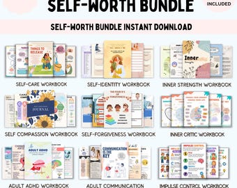 Self worth worksheet bundle, self esteem, confidence, teen girls, inner critic, self identity, mental health, CBT