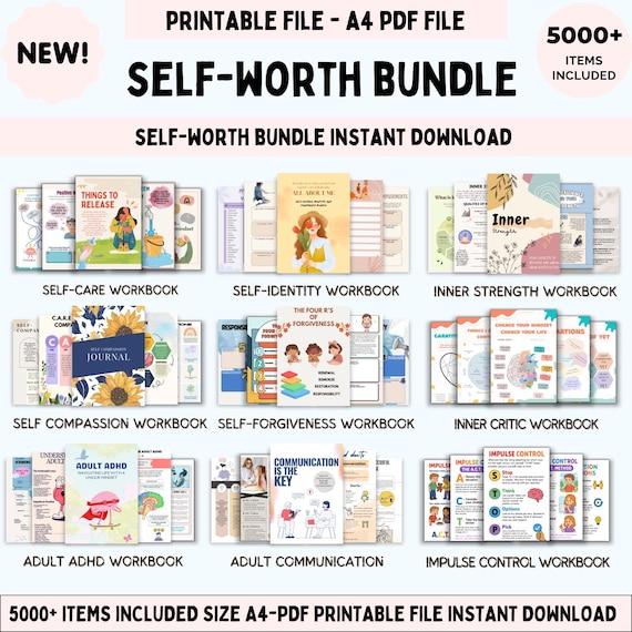 Self worth worksheet bundle, self esteem, confidence, teen girls, inner critic, self identity, mental health, CBT