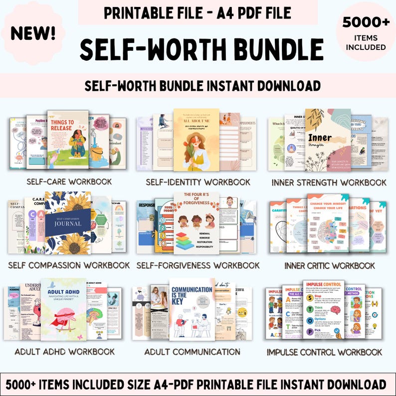 May include: A selection of printable workbooks and journals for self-improvement. Titles include "Self-Care Workbook," "Self-Identity Workbook," and "Impulse Control Workbook." The image shows colourful covers with illustrations and text, promoting mental wellness and personal growth.