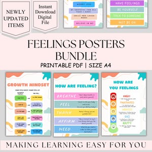 Bundel met posters over gevoelens, decoratie voor klaslokalen, decoratie voor therapieruimtes, hulpmiddelen voor schoolbegeleiding, print met gevoelens, poster over emoties, rustige hoek