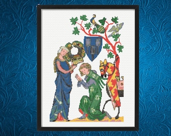 Medieval Cross Pattern , Lady and Knight Cross Stitch Pattern,  instant PDF download