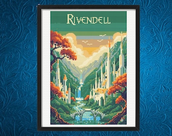 Wzór haftu krzyżykowego Rivendell: Krajobraz Śródziemia (wzór PDF)