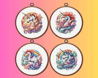 Unicorn Cross Stitch Pattern, Set of 4 Magic Horse Cross Stitch Pattern, Instant Download
