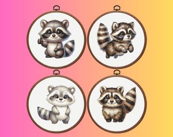 Patrón de punto de cruz de mapache, juego de 4 patrones de punto de cruz de mapache, descarga instantánea