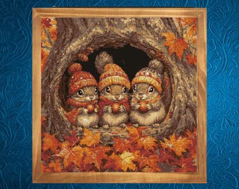 Squirrel Cross Stitch Pattern, Fall Cross Stitch Pattern,  Instant PDF  Download