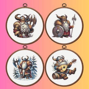 Viking Gnome Cross Stitch Pattern, Set of 4 Cute Gnome Cross Stitch Pattern, Instant Download