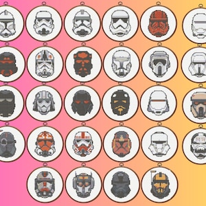 May include: A set of 36 colourful round embroidery patterns featuring various Star Wars characters, including Stormtroopers, Darth Vader, and Boba Fett.