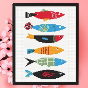 Sardines Cross Stitch Pattern, Colorful Sardines Cross Stitch Pattern, Instant Download