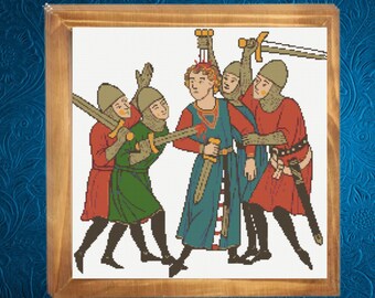May include: Framed medieval-style cross-stitch art depicting a scene of armed figures surrounding a central figure. The figures wear tunics in red, green, and blue, with swords raised. The artwork is set against a white background.
