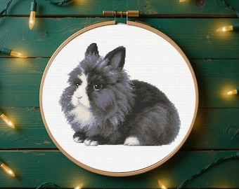 May include: A cross-stitch embroidery piece featuring a fluffy black and white rabbit with long ears, centered within a round wooden embroidery hoop. The rabbit is depicted in a seated position against a plain white fabric background.
