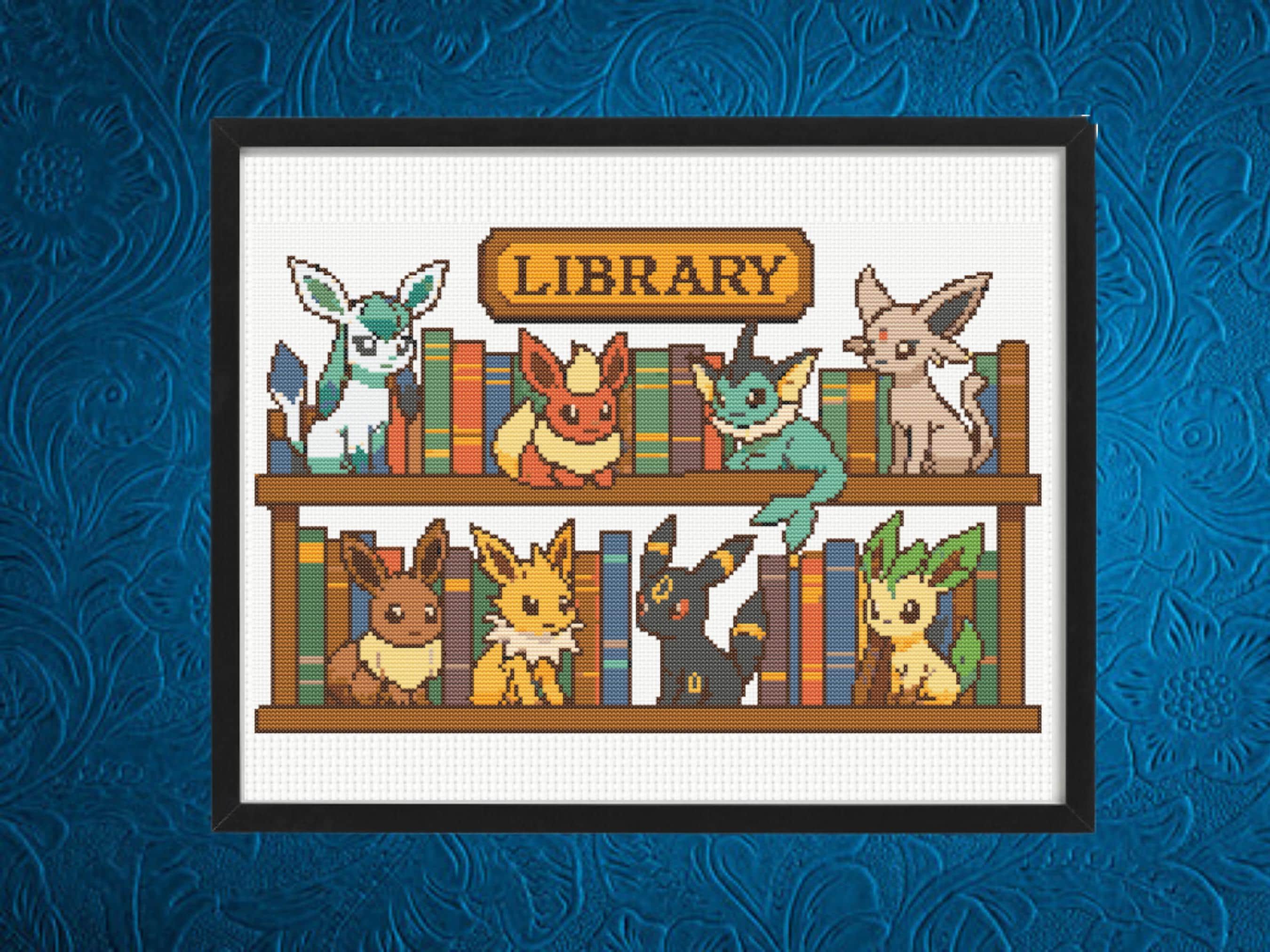Eeveelutions Cross Stitch Patterb, Library Cross Stitch Pattern, Pokemon,Book Lover,  PDFInstant Download