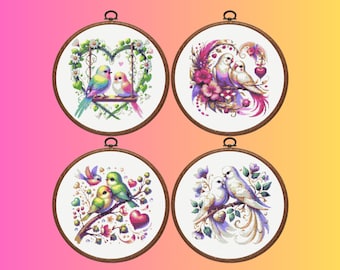 Bird Cross Stitch Pattern, Set of 4 Canary Cross Stitch Pattern, Floral Bird Cross Stitch Pattern, Instant Download