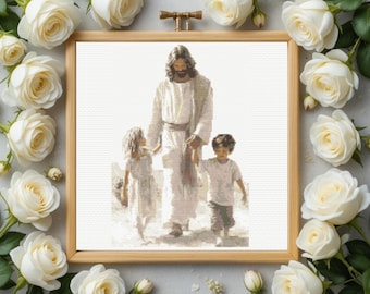Jesus Cross Stitch Pattern, Jesus is Walking With Kids Cross Stitch Pattern,  Instant PDF Download