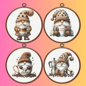 Kaffee Wichtel Kreuzstichmuster, Set von 4 Wichtel Kreuzstichmuster, Instant Download